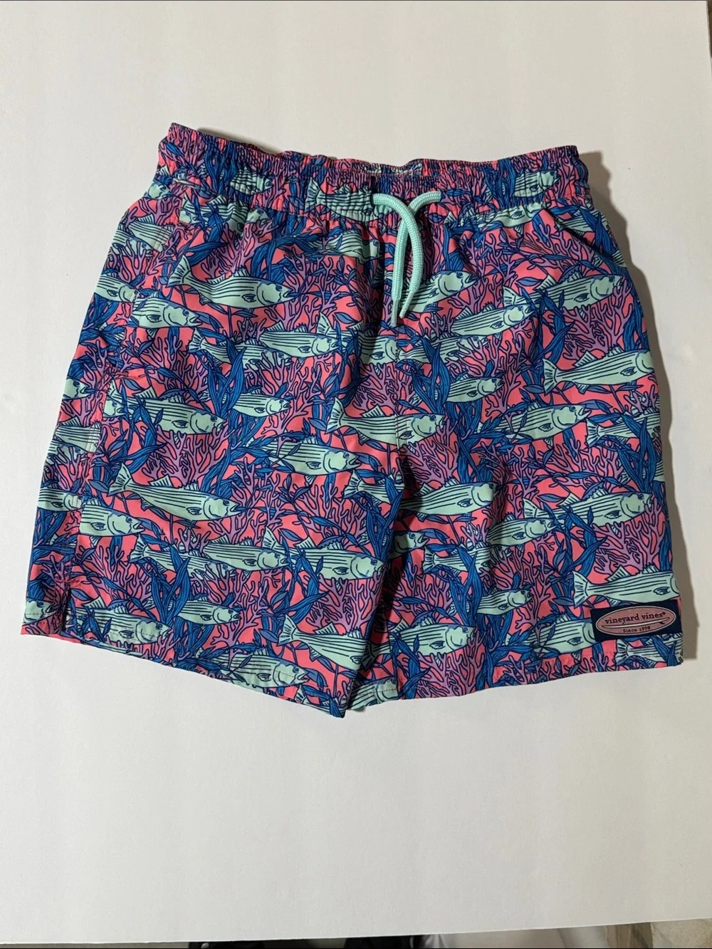 Vineyard Vines Pink, Blue & Mint Fish Print Swim Trunks Kids S